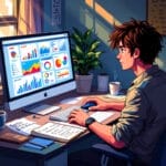 Pitfalls in Game Development: Common Mistakes Game Developers make in game Dev & Game design In a sunlit room, a person intently works on a computer displaying colorful charts and graphs, analyzing pitfalls in game development. A plant and notebook rest on the desk, adding a touch of nature to this productive space.