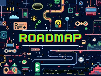 Colorful digital illustration with "ROADMAP" in the center, surrounded by tech and gaming icons, circuit lines, and pixel art graphics—perfect for showcasing an indie game marketing strategy for 2026 on a dark background.