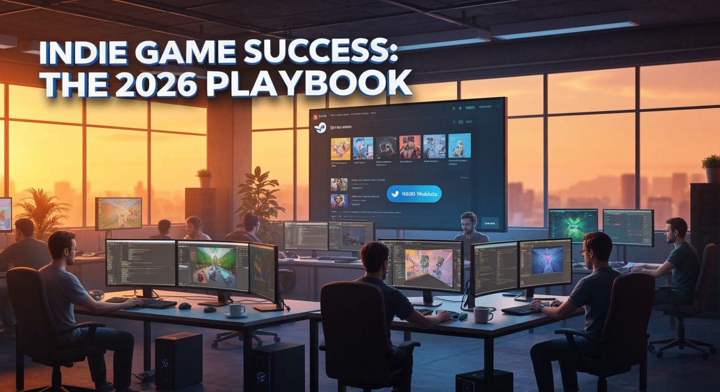 Office with developers working at computers, large screen displaying game dashboard, sunlight coming through windows. Text reads: "Indie Game Success: The 2026 Playbook.