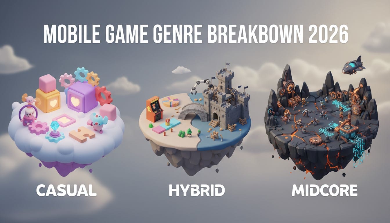 Three floating islands labeled Casual, Hybrid, and Midcore showcase themed game elements under the title "Mobile Game Genre Breakdown 2026," offering developers insights into evolving mobile game genres.